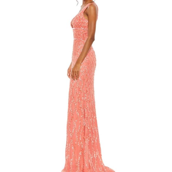 NWT Mac Duggal Sequined Plunge Neck Sleeveless Column Beaded Gown Coral 16 5669 - Picture 4 of 12